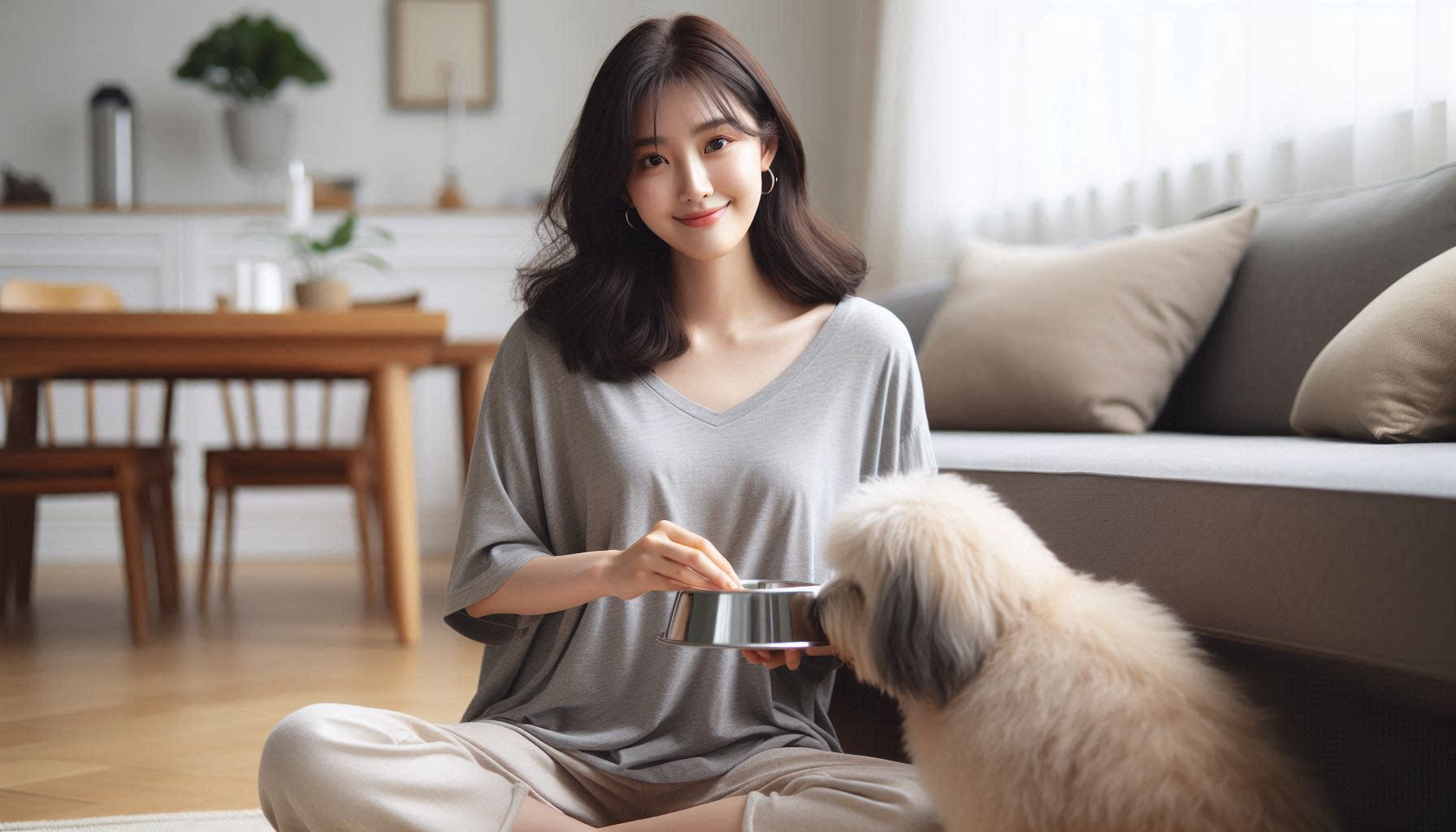 강아지 습식 사료와 건식 사료를 나란히 놓고 수분 함량과 성분을 비교하는 모습