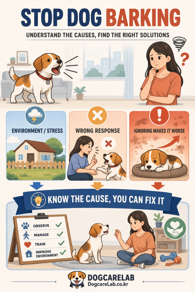 강아지 짖음 행동 비교 기준 설명하는 이미지