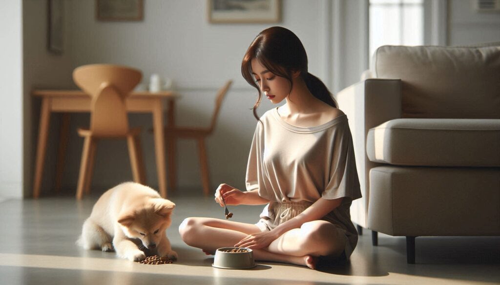 강아지에게 급여하는 보호자 모습