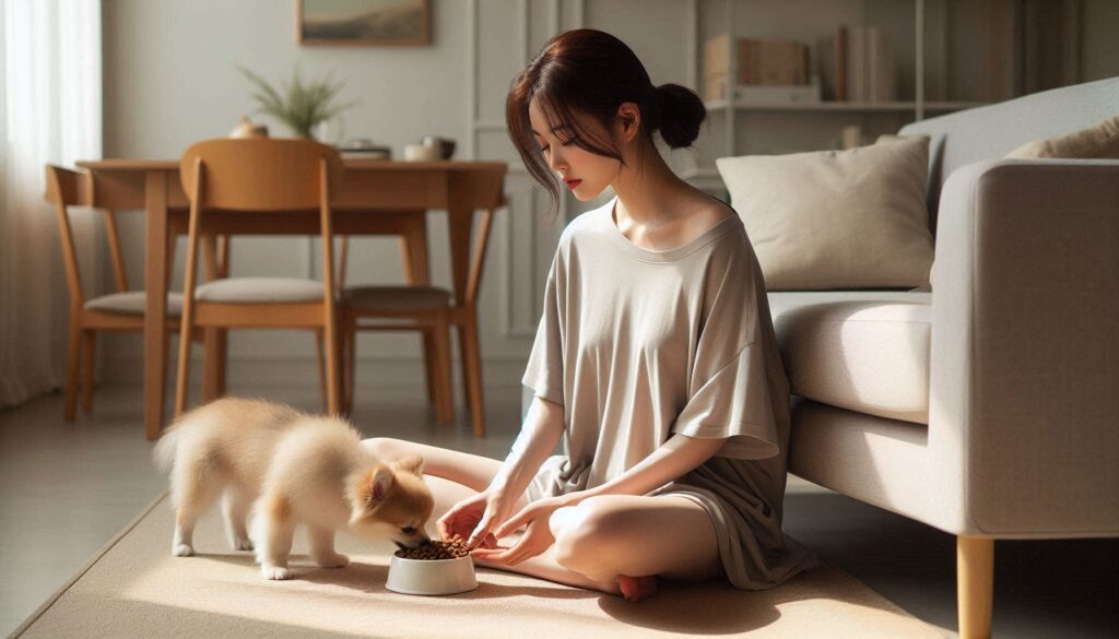 강아지에게 급여하는 보호자 모습