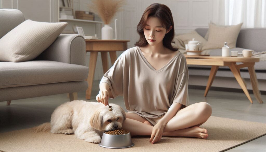 강아지에게 급여하는 보호자 모습